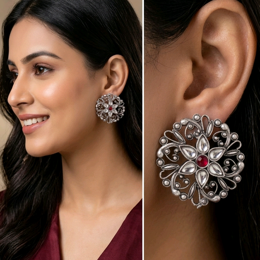 Silver Circular Floral Stud Earrings 